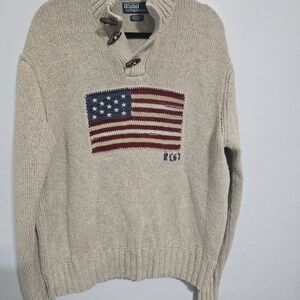 Polo by Ralph Lauren Men's Beige Sweater with Flag Design